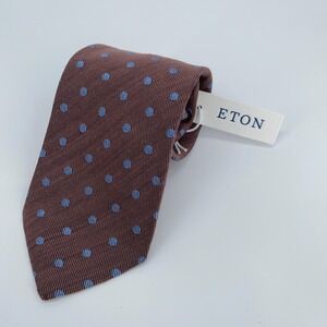 Eton Tie Men One Size Brown Blue Polka Dot Silk Classic Professional Necktie NWT